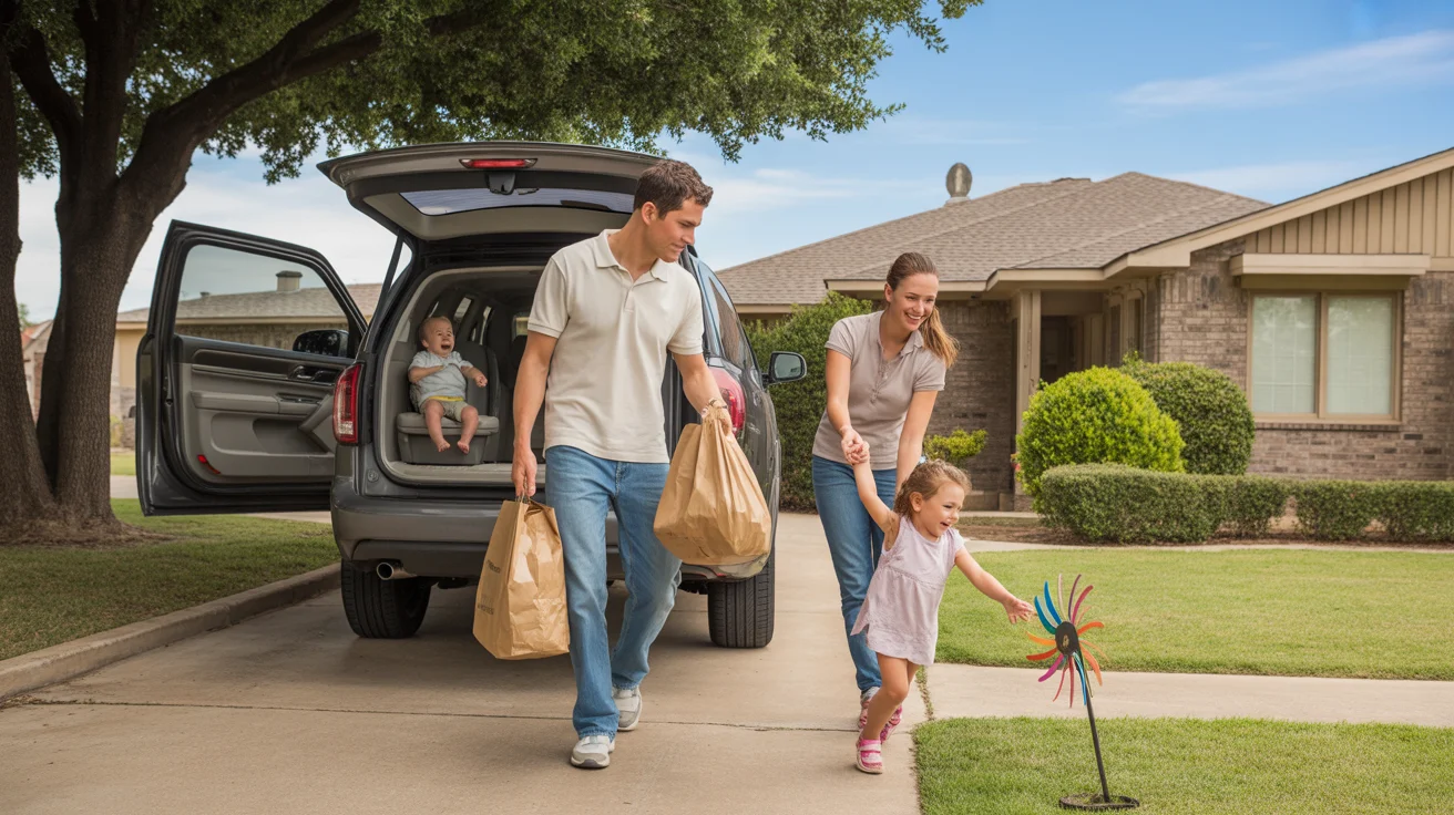 A young family unloads groceries from their SUV outside their modest Garland, Texas home on a sunny afternoon.