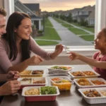 A family enjoys dinner together in their Highlands Ranch kitchen, with takeout containers on the table