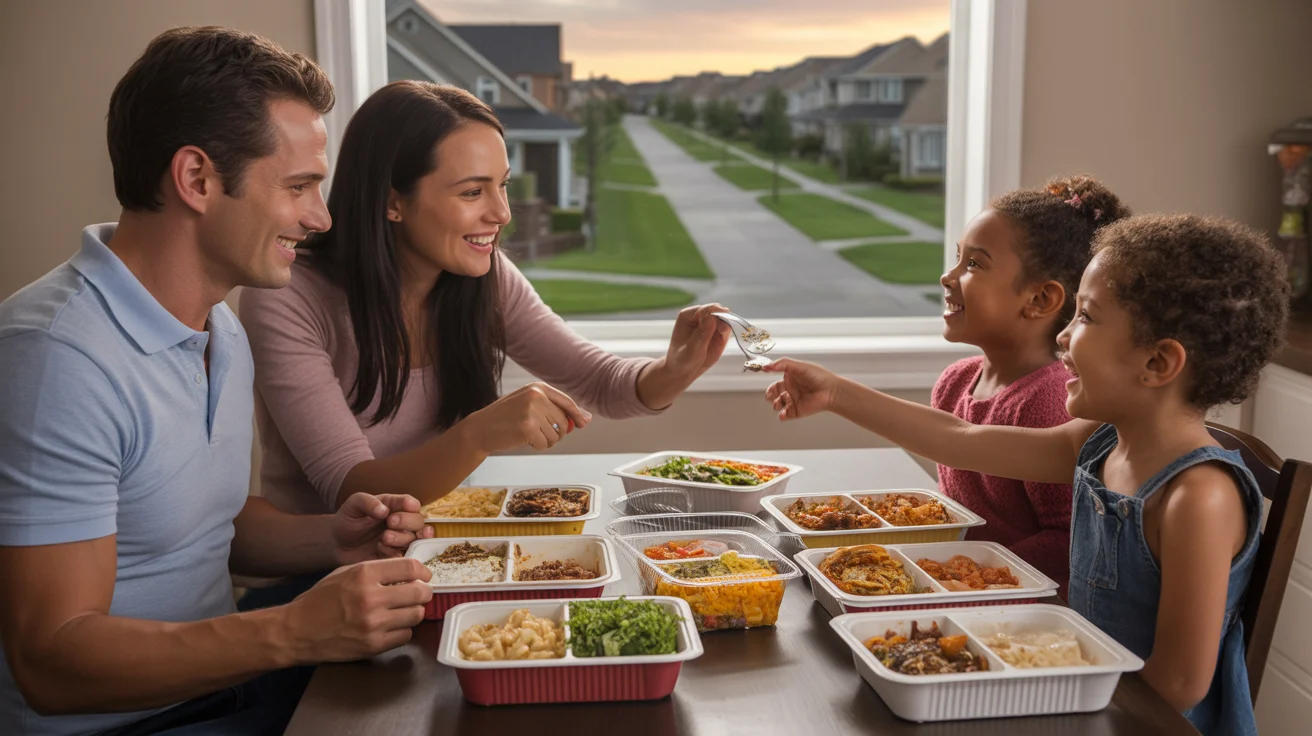 A family enjoys dinner together in their Highlands Ranch kitchen, with takeout containers on the table