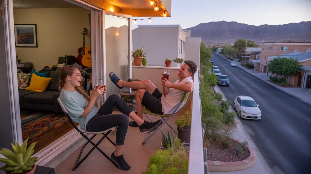 Two roommates hanging out on their apartment balcony in Paradise, NV at sunset