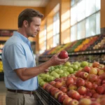A man chooses an apple from a grocery store produce display in San Marcos, TX