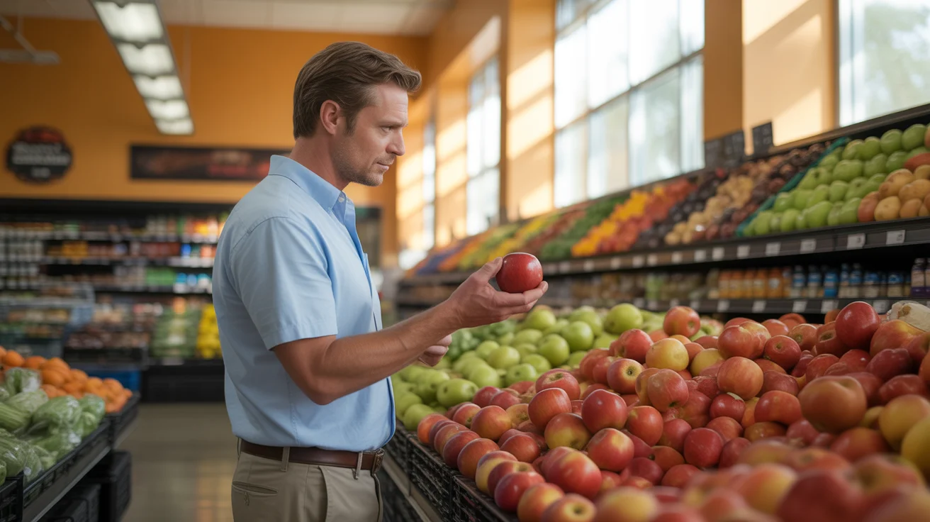 A man chooses an apple from a grocery store produce display in San Marcos, TX