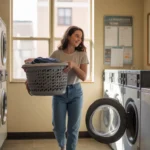 Woman carrying laundry basket in shared laundry room of Aurora apartment complex