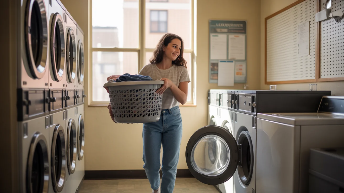 Woman carrying laundry basket in shared laundry room of Aurora apartment complex