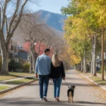 Couple walking dog on tree-lined street in Boulder, Colorado