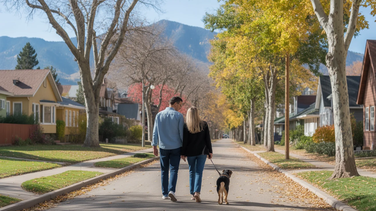 Couple walking dog on tree-lined street in Boulder, Colorado