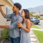 Couple outside Fontana home, man fixing door handle, woman watching and smiling