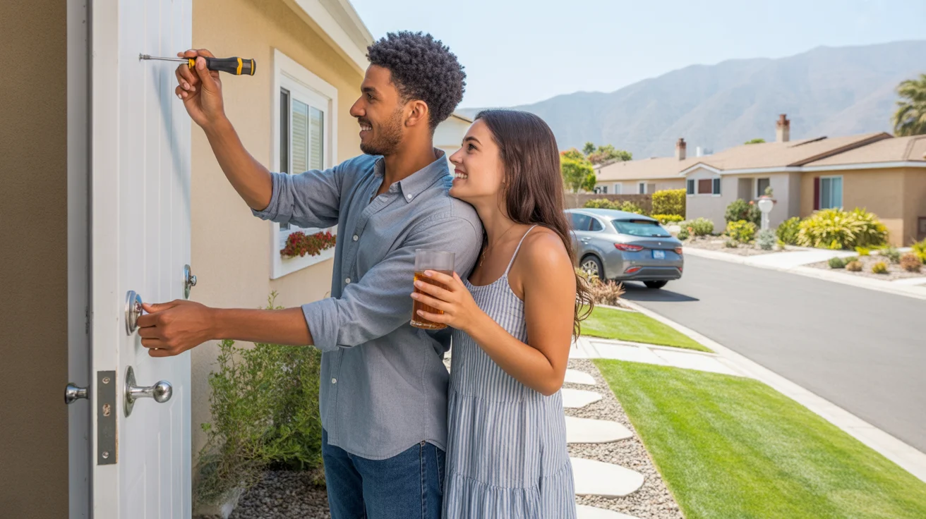 Couple outside Fontana home, man fixing door handle, woman watching and smiling