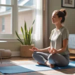 Woman meditating on yoga mat in sunny bedroom in Joliet, IL home