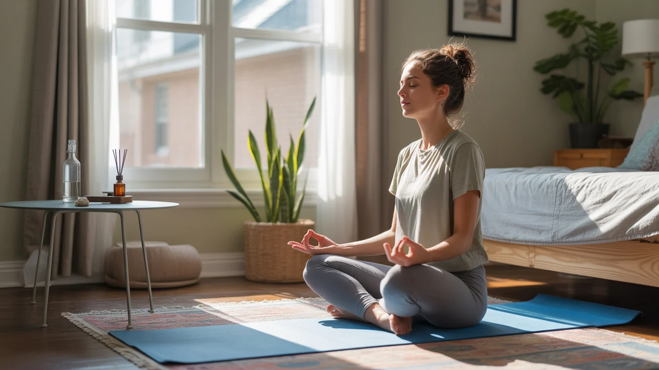 Woman meditating on yoga mat in sunny bedroom in Joliet, IL home