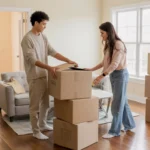 Couple unpacking after moving into a new home in Round Rock, Texas
