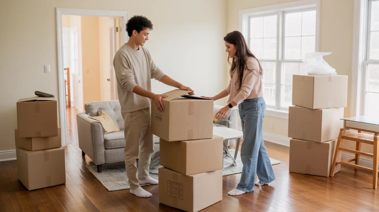 Couple unpacking after moving into a new home in Round Rock, Texas