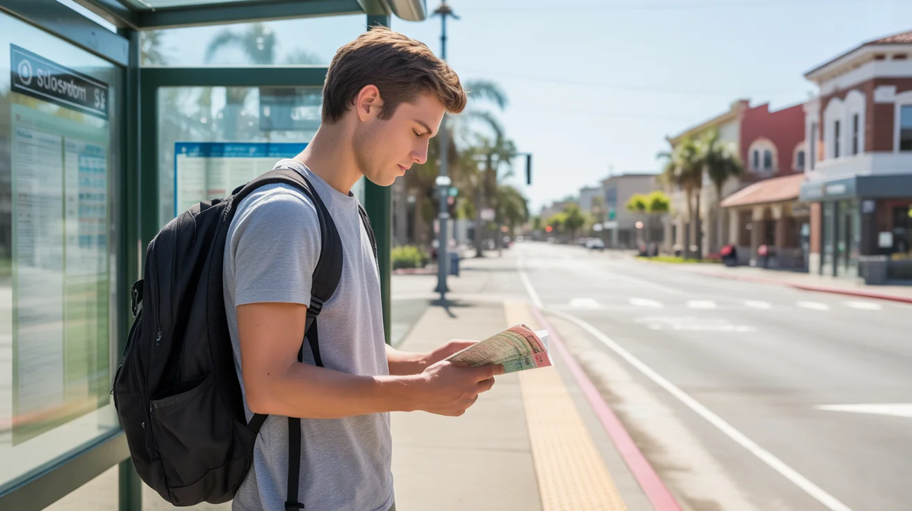 Student waiting for the bus at a stop in downtown San Marcos, Texas