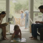 Family relaxing in cool downstairs living room of Irving home on hot summer day