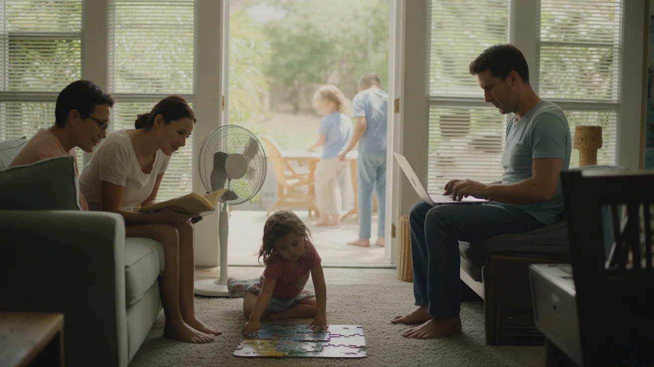Family relaxing in cool downstairs living room of Irving home on hot summer day