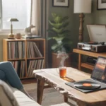 Cozy living room with streaming tablet and record player in Sandy, UT home
