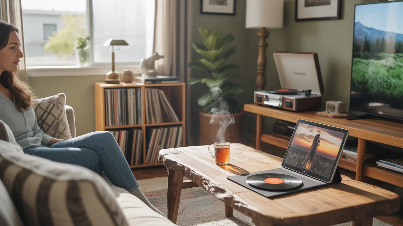 Cozy living room with streaming tablet and record player in Sandy, UT home
