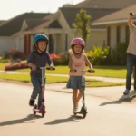 Children riding scooters in a peaceful Brandon cul-de-sac at sunset