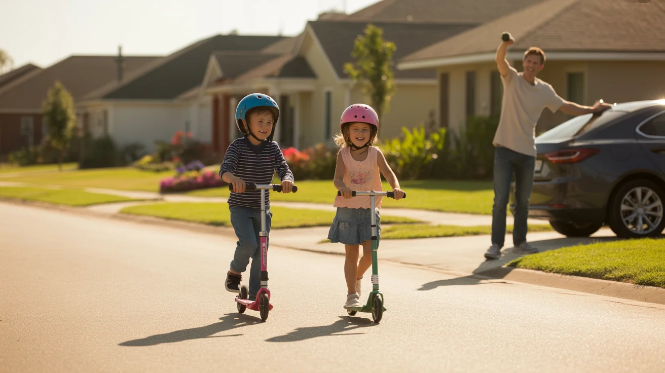 Children riding scooters in a peaceful Brandon cul-de-sac at sunset