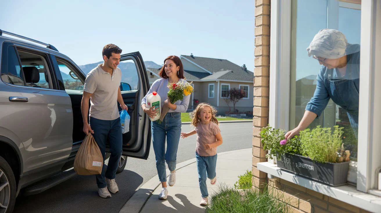 A couple unloads groceries in the driveway of their Lehi home while a neighbor tends to plants in her apartment window.
