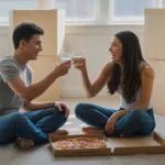 Young couple eating pizza on floor of new apartment in Marietta, GA, surrounded by moving boxes