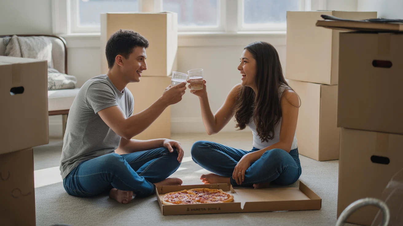 Young couple eating pizza on floor of new apartment in Marietta, GA, surrounded by moving boxes