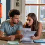 Concerned couple reviewing utility bills and fee notices at kitchen table in Garland apartment