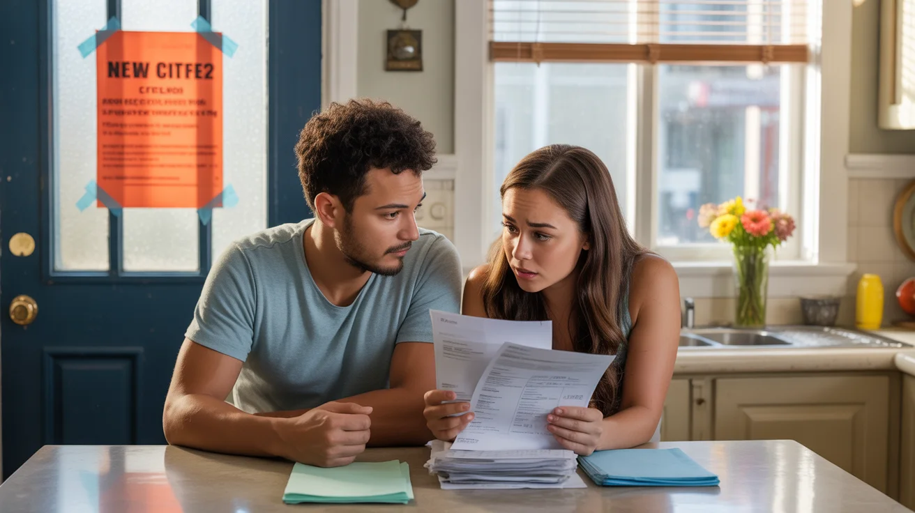 Concerned couple reviewing utility bills and fee notices at kitchen table in Garland apartment