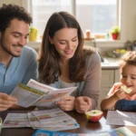 A couple sorts through grocery coupons at their kitchen table while their daughter snacks on apples nearby.