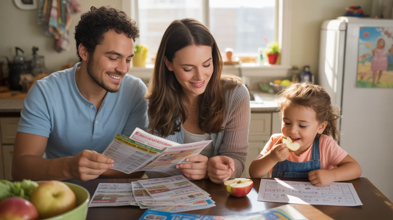 A couple sorts through grocery coupons at their kitchen table while their daughter snacks on apples nearby.