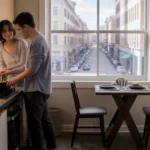 A couple cooks dinner together in their modern Irving apartment kitchen