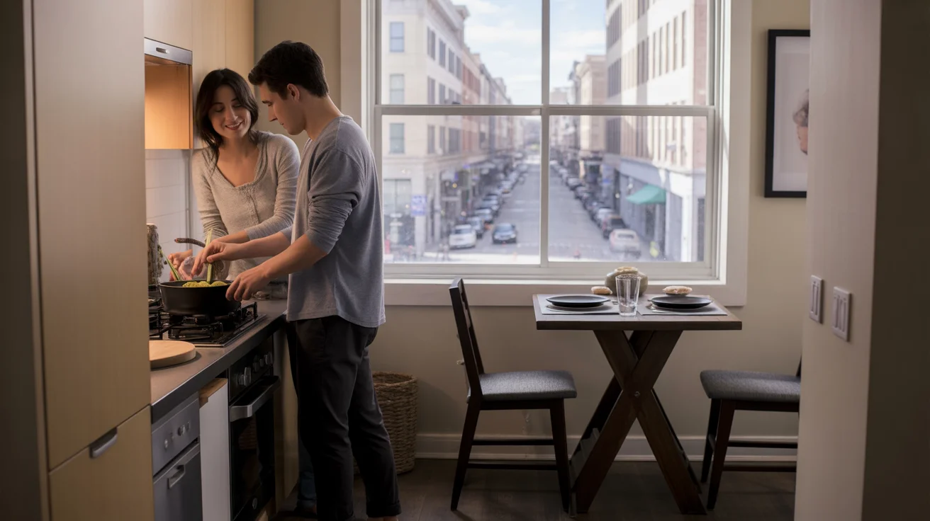 A couple cooks dinner together in their modern Irving apartment kitchen