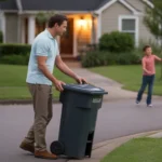 Man taking out the trash at dusk in a Roswell neighborhood