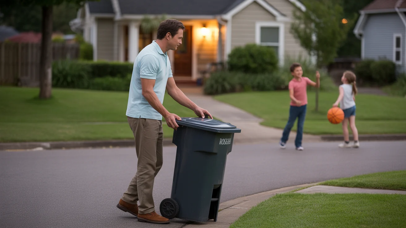 Man taking out the trash at dusk in a Roswell neighborhood