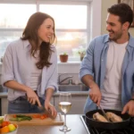Couple cooking dinner together in kitchen of modest West Valley City home