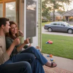 Couple relaxing on back porch of suburban home in The Woodlands, TX at sunset