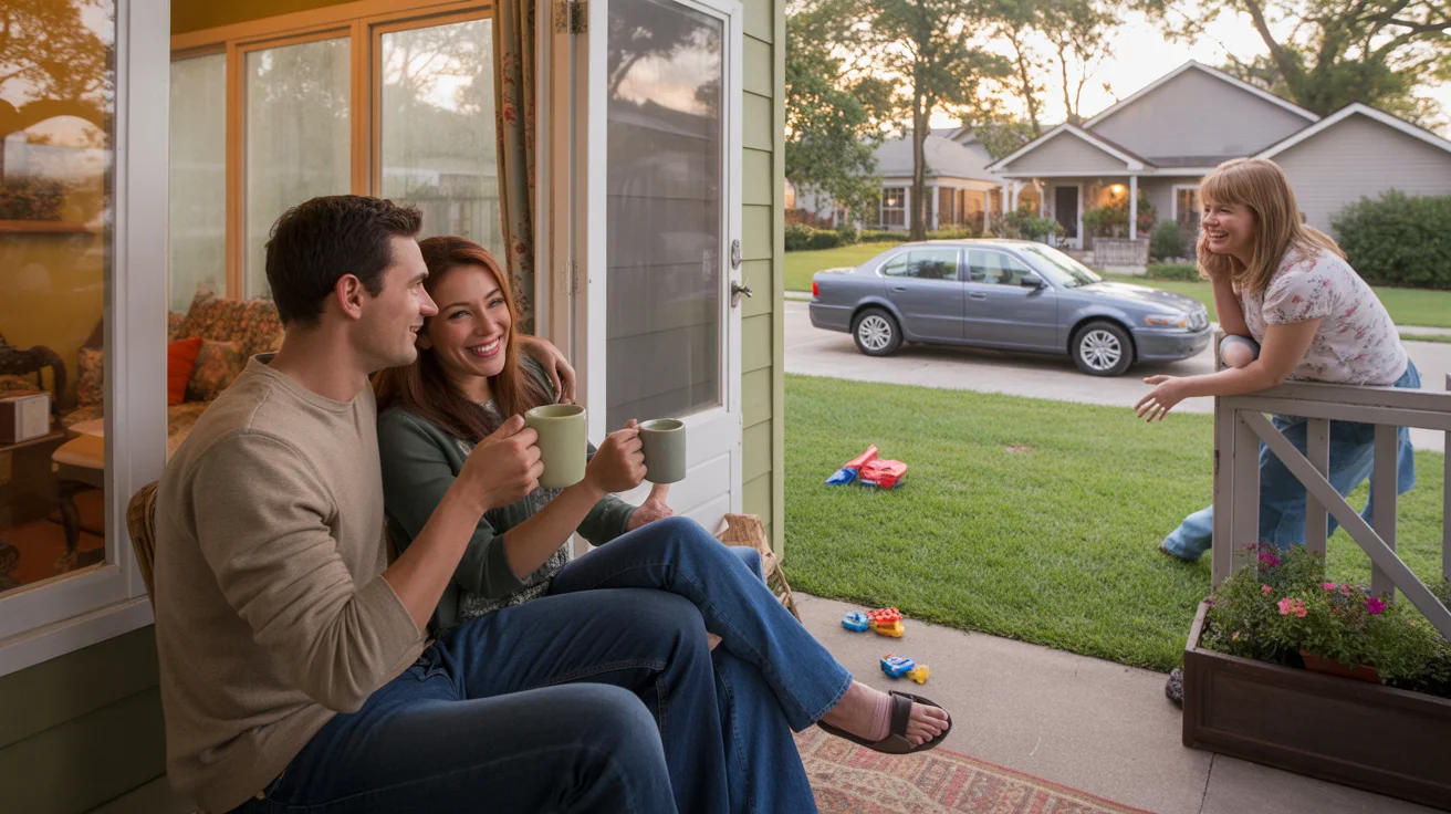 Couple relaxing on back porch of suburban home in The Woodlands, TX at sunset