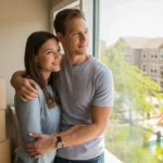 Couple looks out living room window of new Plano condo, moving boxes stacked in corner