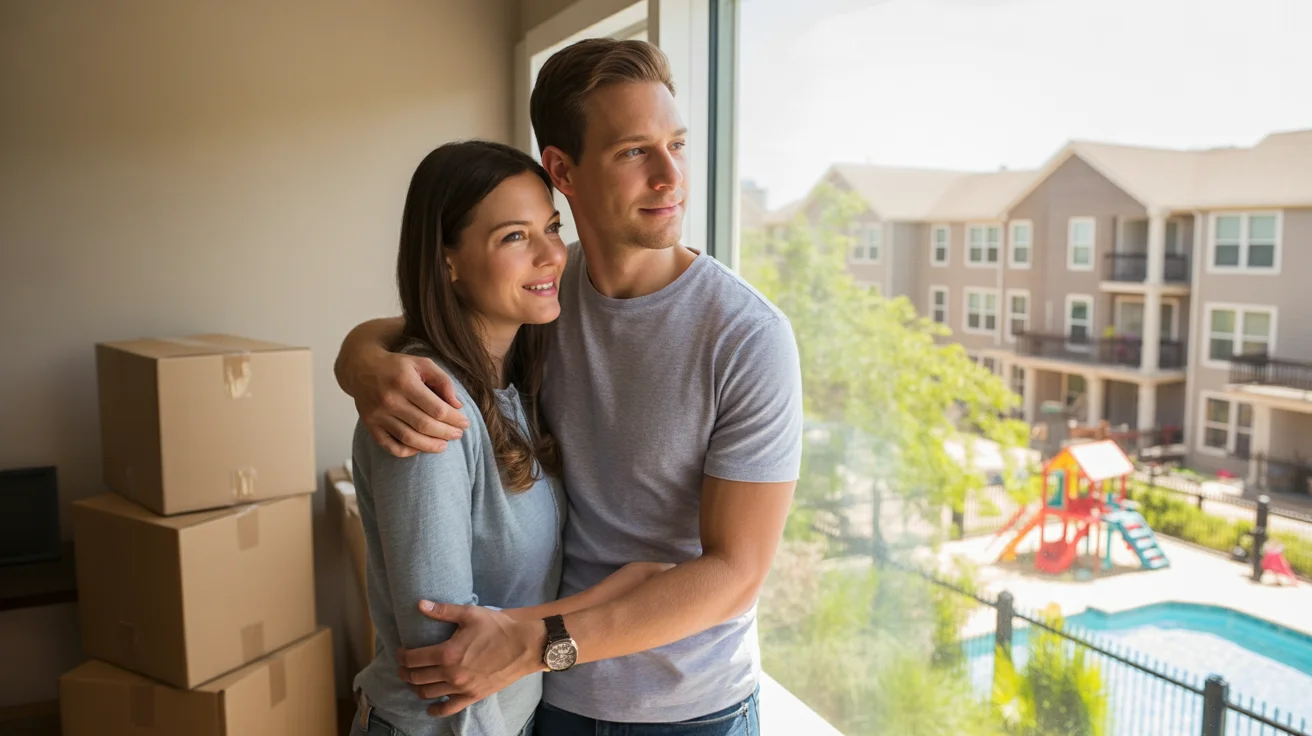 Couple looks out living room window of new Plano condo, moving boxes stacked in corner