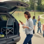 A parent packing sports gear into their car at a park in Roswell, GA