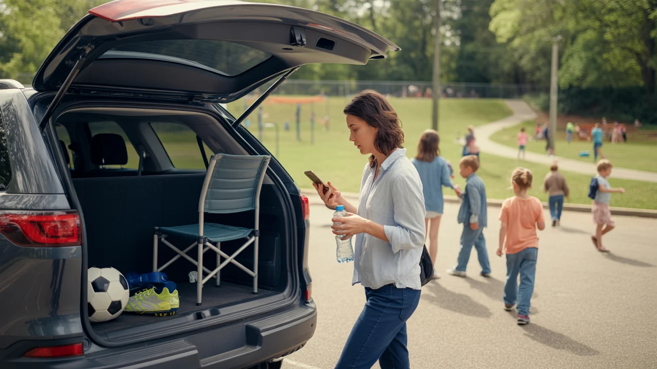 A parent packing sports gear into their car at a park in Roswell, GA