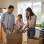 Family unpacking groceries in their new Tustin home kitchen
