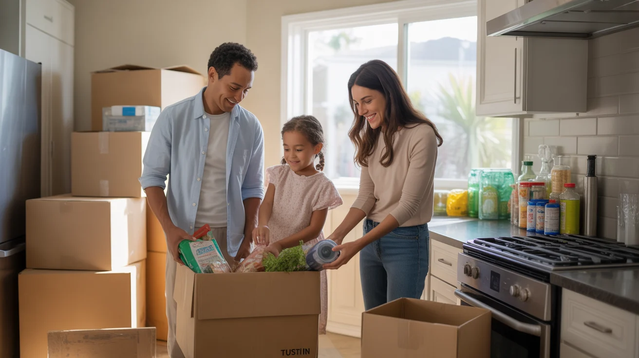 Family unpacking groceries in their new Tustin home kitchen