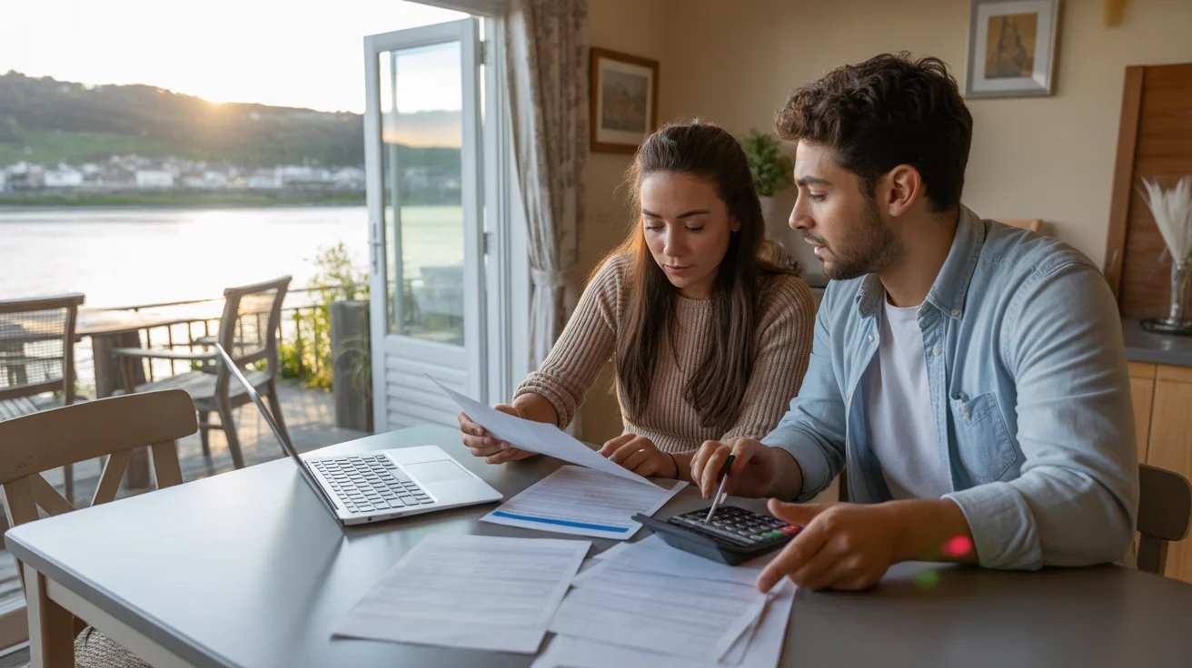 Couple budgeting expenses at dining table in Riverside apartment