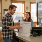 A Denver resident reviews a city form with a sympathetic clerk in a small municipal office.