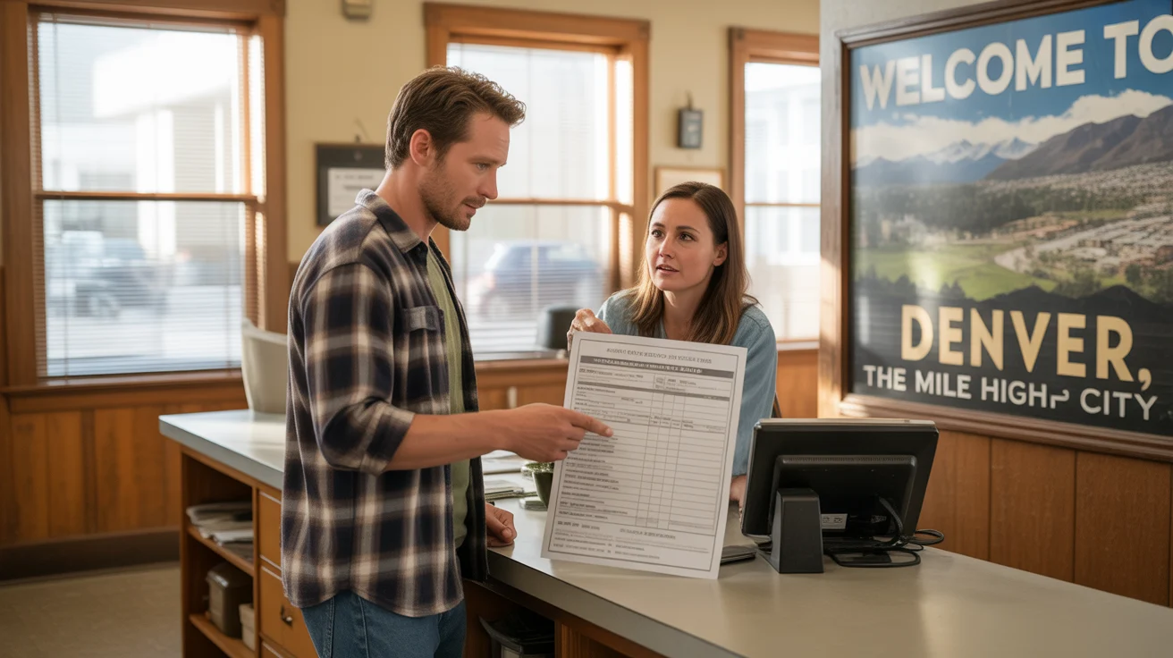 A Denver resident reviews a city form with a sympathetic clerk in a small municipal office.
