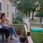Couple relaxing on back porch while child plays in yard in Durham neighborhood at dusk