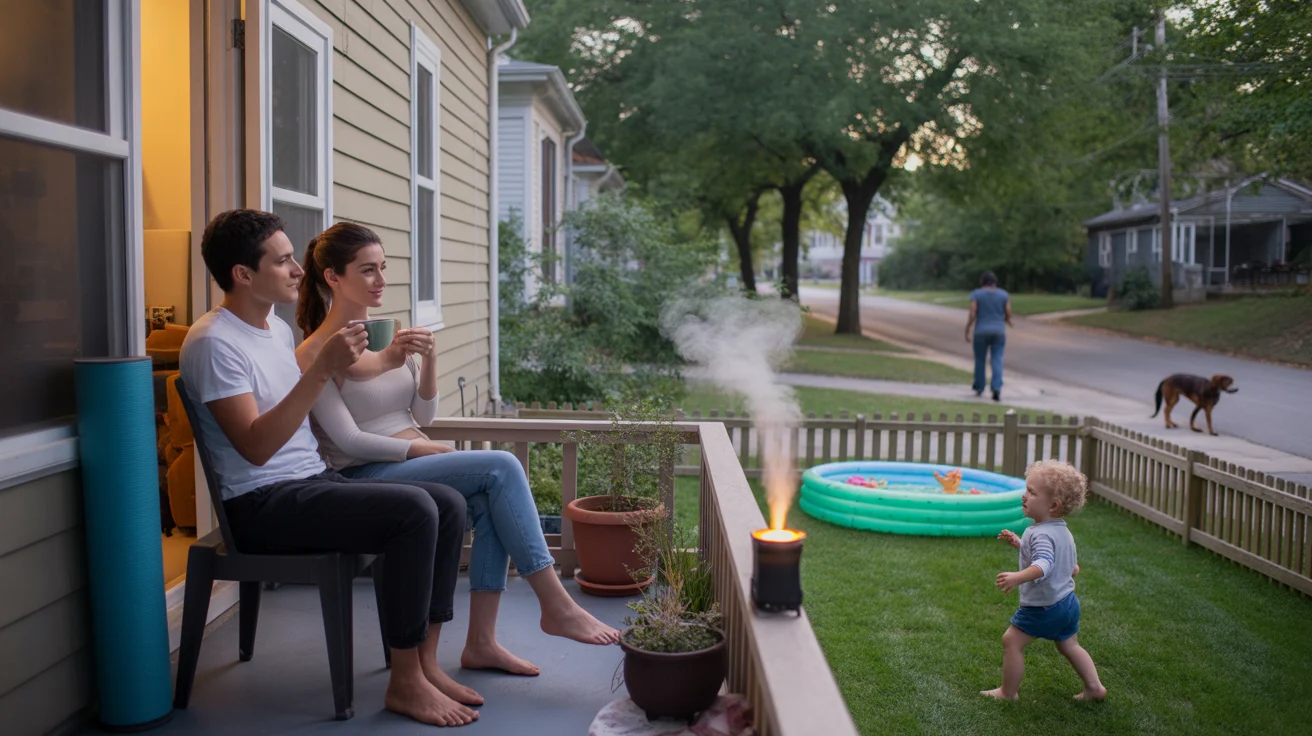 Couple relaxing on back porch while child plays in yard in Durham neighborhood at dusk