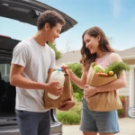A couple unloading groceries from their car outside their home in Alpharetta, GA
