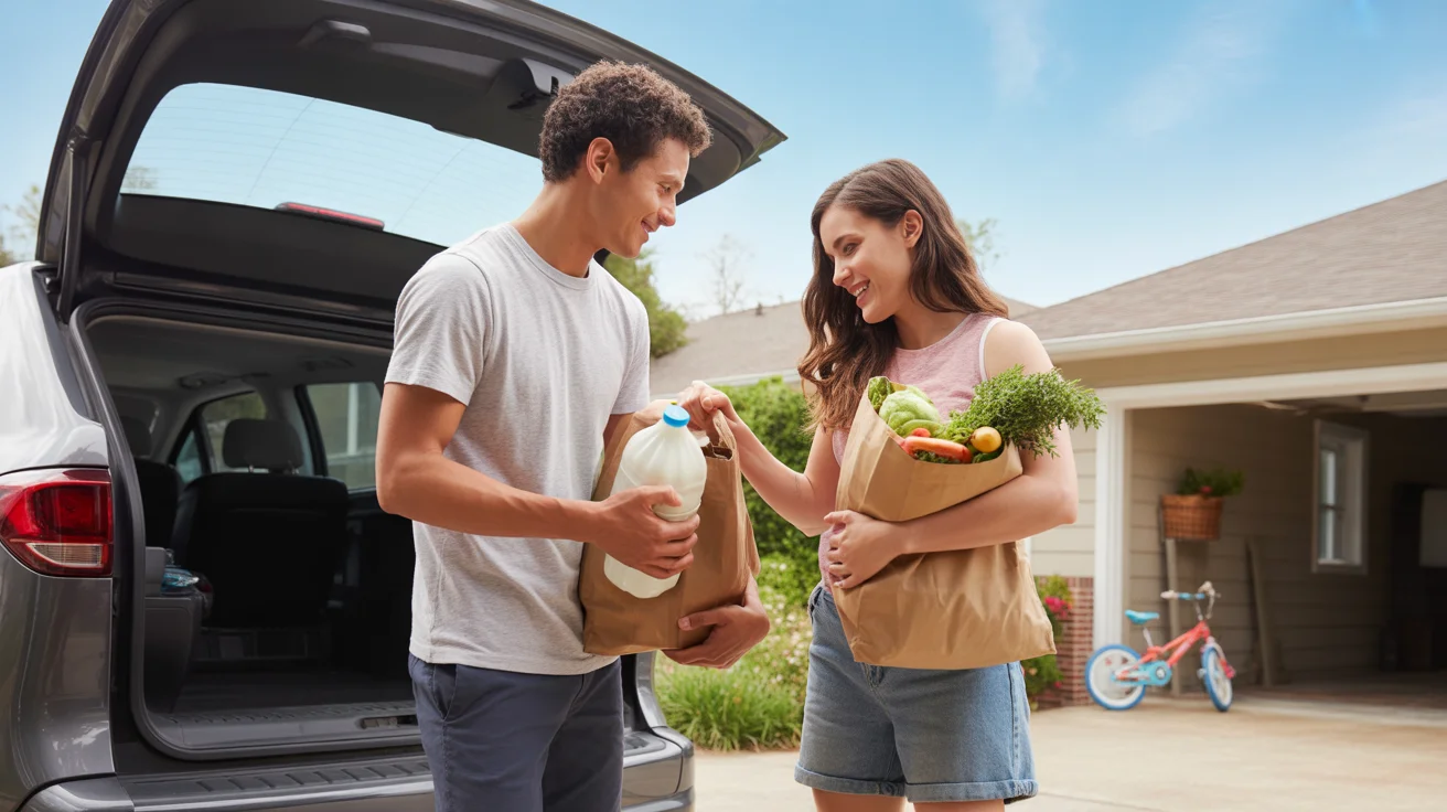 A couple unloading groceries from their car outside their home in Alpharetta, GA